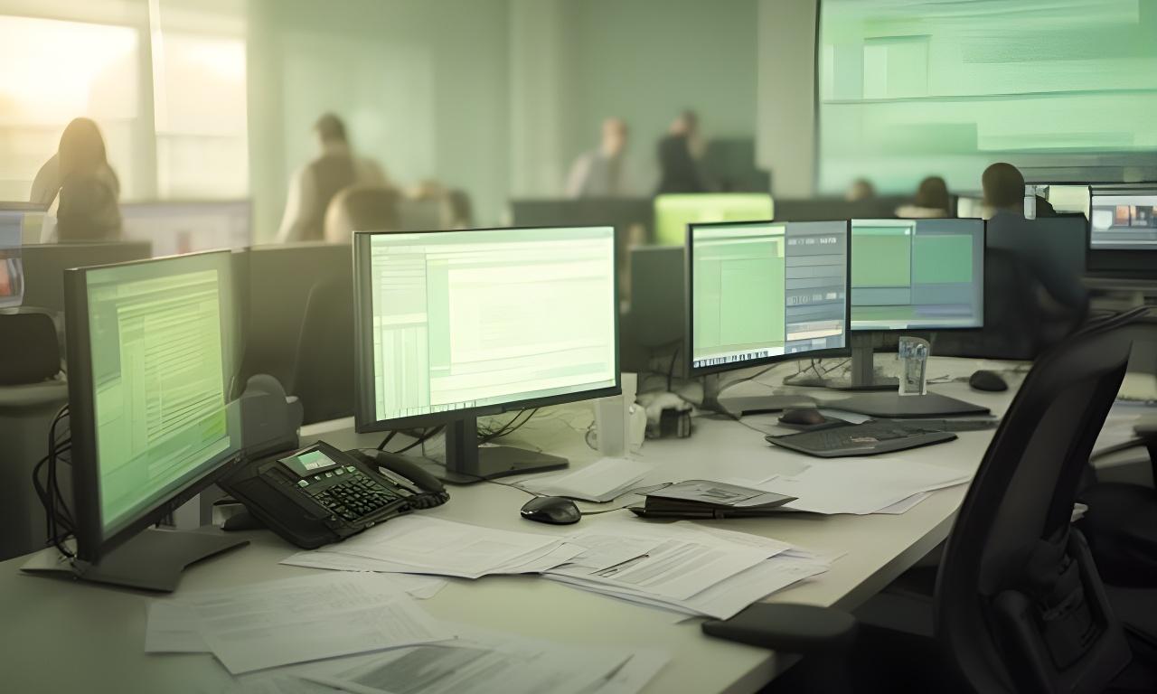 Redacție de televiziune locală din Hațeg cu mese de lucru, monitoare și lumină de dimineață