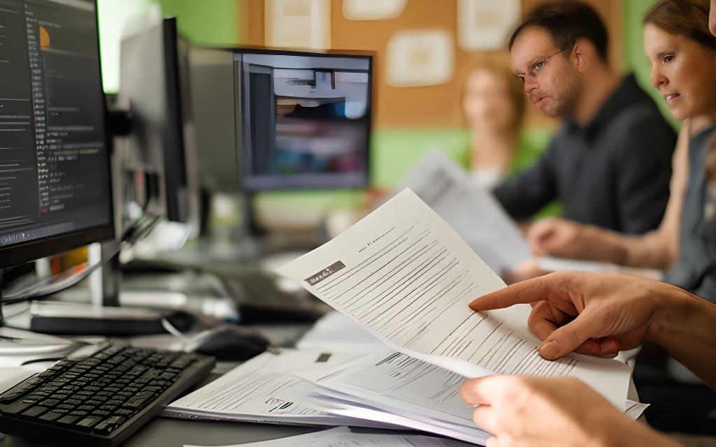 Echipă editorială într-o redacție locală luminată natural, lucrând la verificarea știrilor și organizarea materialelor pentru difuzare